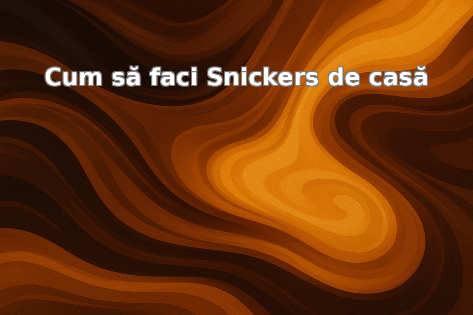 Ilustratie abstracta inspirata de Snickers de casa, cu nuante de ciocolata si caramel si titlul articolului scris cu alb