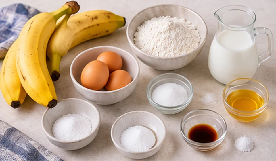Banane, ouă, făină și lapte pentru clătite cu banane