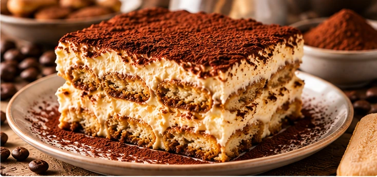 Felie de tiramisu cu mascarpone, pișcoturi și cacao, servită pe farfurie