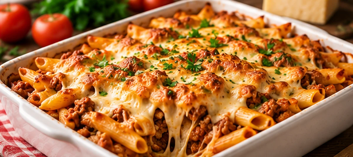 Paste la cuptor cu carne tocată, sos de roșii și cașcaval rumenit