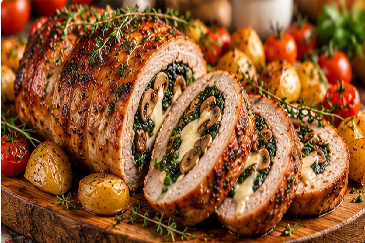 Ruladă de porc la cuptor, feliată, cu spanac, ciuperci și cașcaval