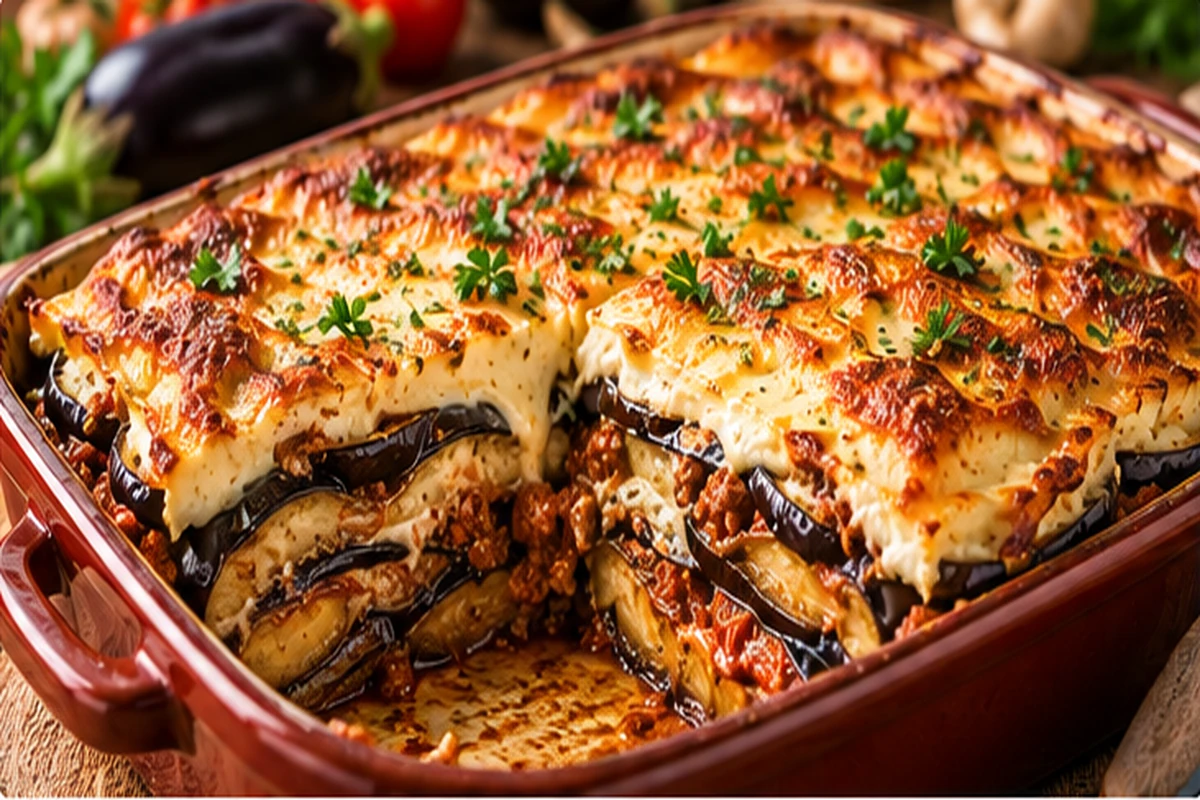 Musaca de vinete cu carne tocată, gratinată la cuptor, în tavă