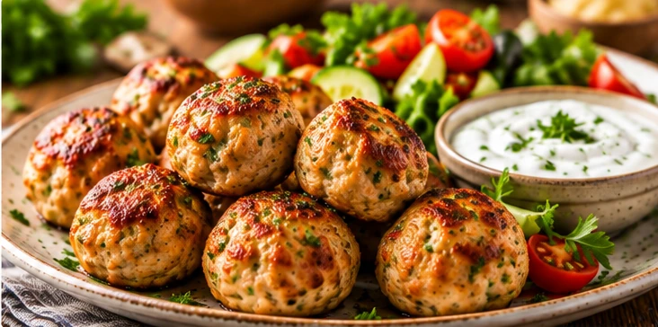 Chifteluțe de pui aurii la air fryer, servite cu salată și sos de iaurt