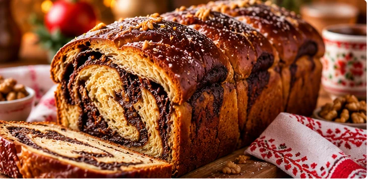 Cozonac pufos cu nucă și cacao, feliat